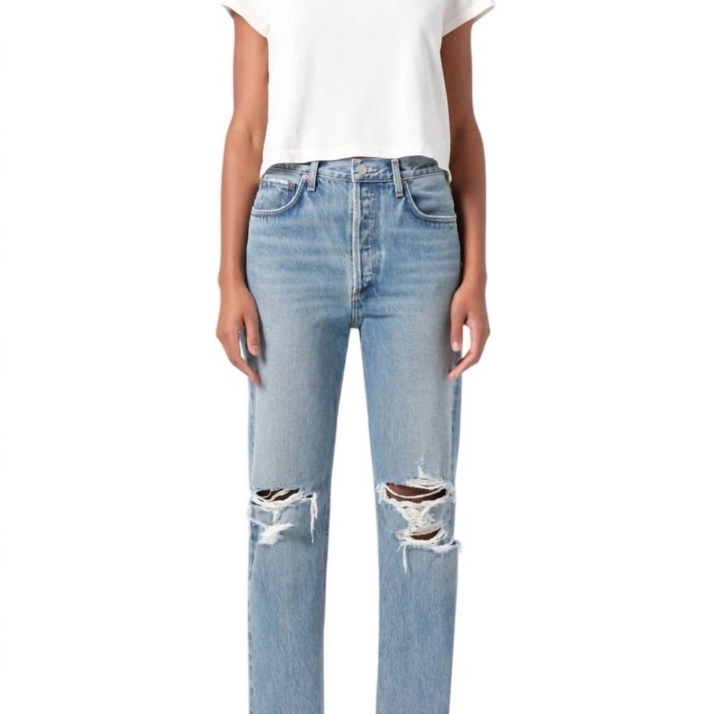 Classic Blue Straight Leg Jeans with Distressed Details